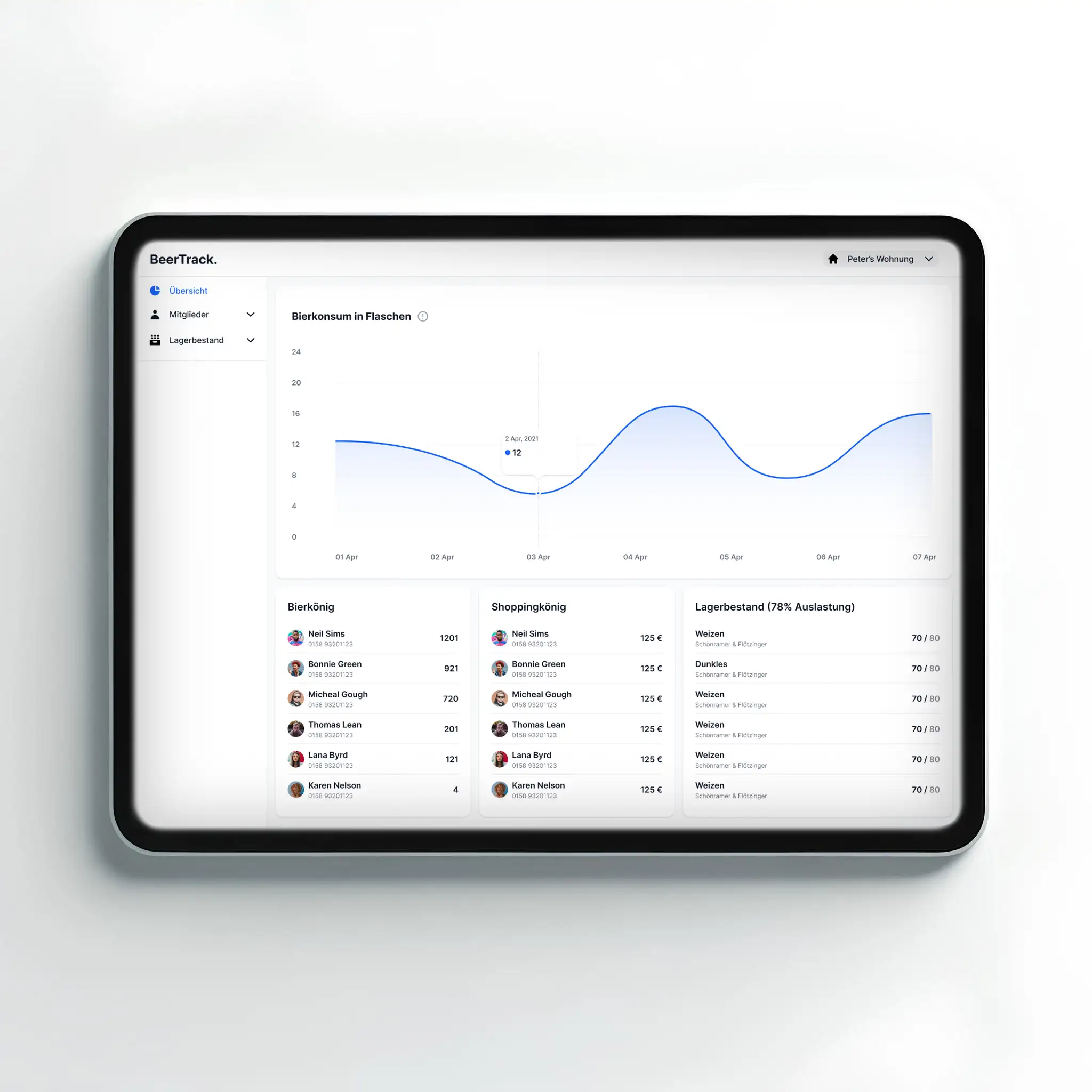 Beertrack Webanwendung auf dem Tablet